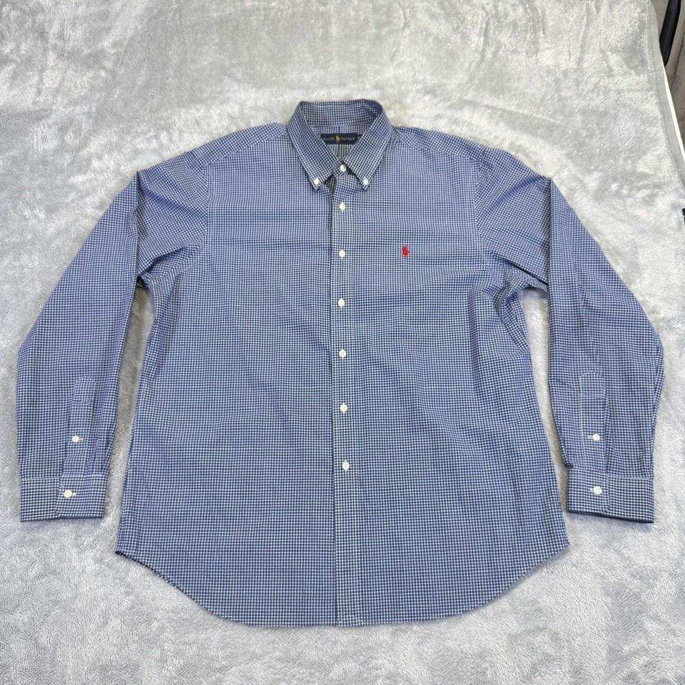 Ralph Lauren Button Down‎ Men XL Blue White Gingham Shirt Preppy Pony Logo Teach